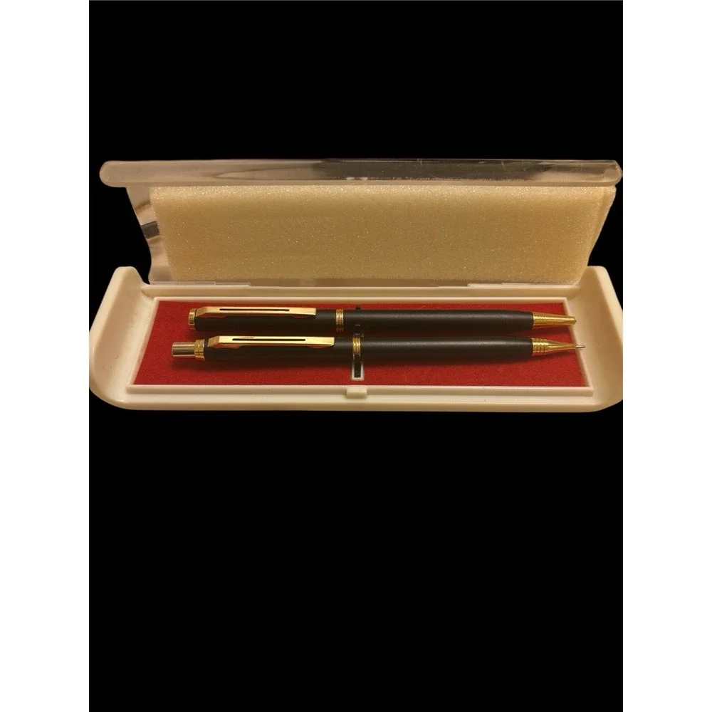 Metal Ballpoint pen Mechanical Pencil Set Black Body Gold‎ Trim Vintage in Box